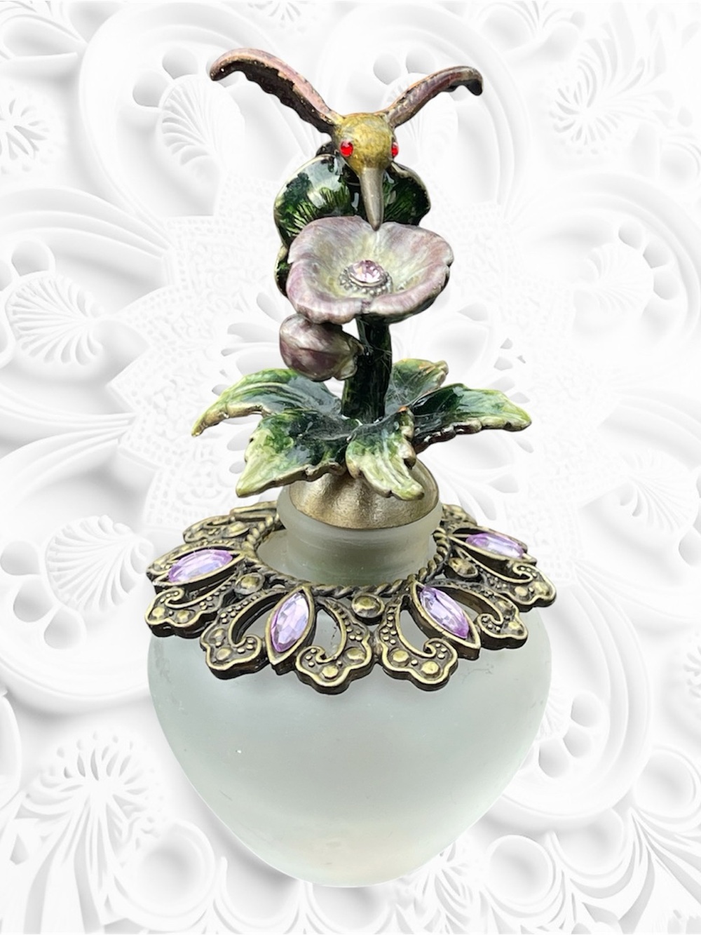 20th Century French Frosted Glass Brass Jewelled
Humming Bird Finial Bottle